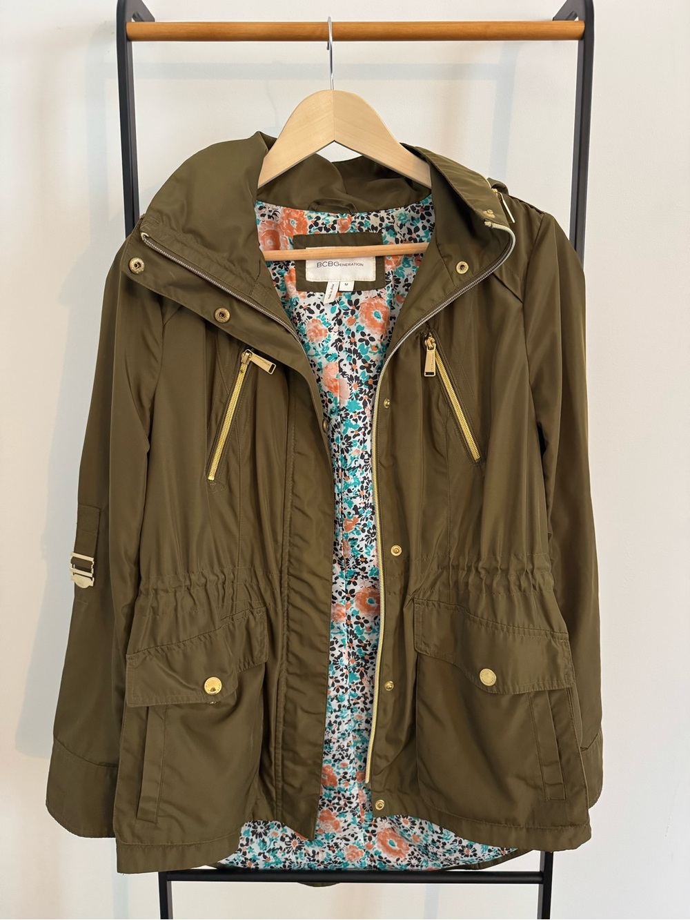 BCBGeneration Olive Utility Jacket with Gold Hardware and Floral Lining